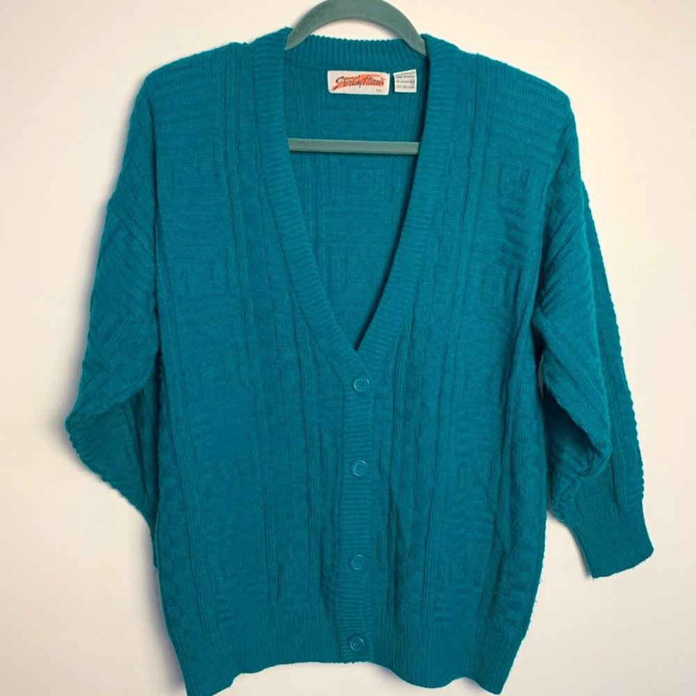 Vintage 90s Green Cardigain, Deep V-neck, half button up, Size M